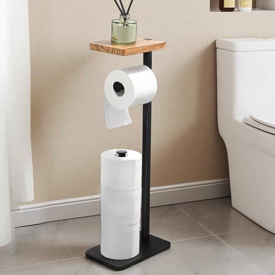 Unyqoos Vrijstaande toiletrolhouder met opbergruimte voor 3 rollen, versterkt metaal en hout
