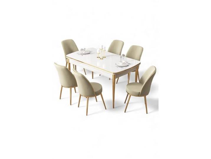 Extendable Dining Table & Chairs Set (7 Pieces), White & Gold, 114-144 cm 100% MDF, Metal Legs, Babyface Fabric Modern Elegance for Home