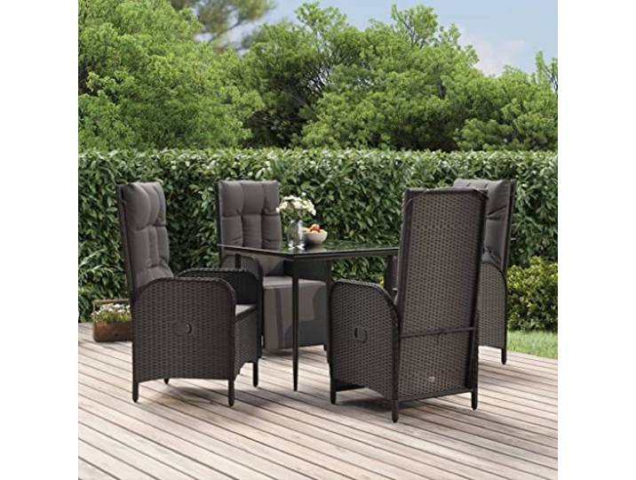 HEFZGDB 5-TLG. Garten-Essgruppe mit Kissen Schwarz Poly Rattan, Wetterfeste PE-Rattan Möbel mit Pulverbeschichtetem Stahlrahmen und Hartglas-Tischplatte, Verstellbare Lounge Sessel