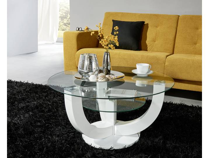 Couchtisch STOLKOM Denver , weiss (weiß, weiß hg, glas), B/H/T: 80cm x 40cm x 80cm, Tische, Couchtisch, rund mit Glas, Tisch -Gestell weiss hochglanz