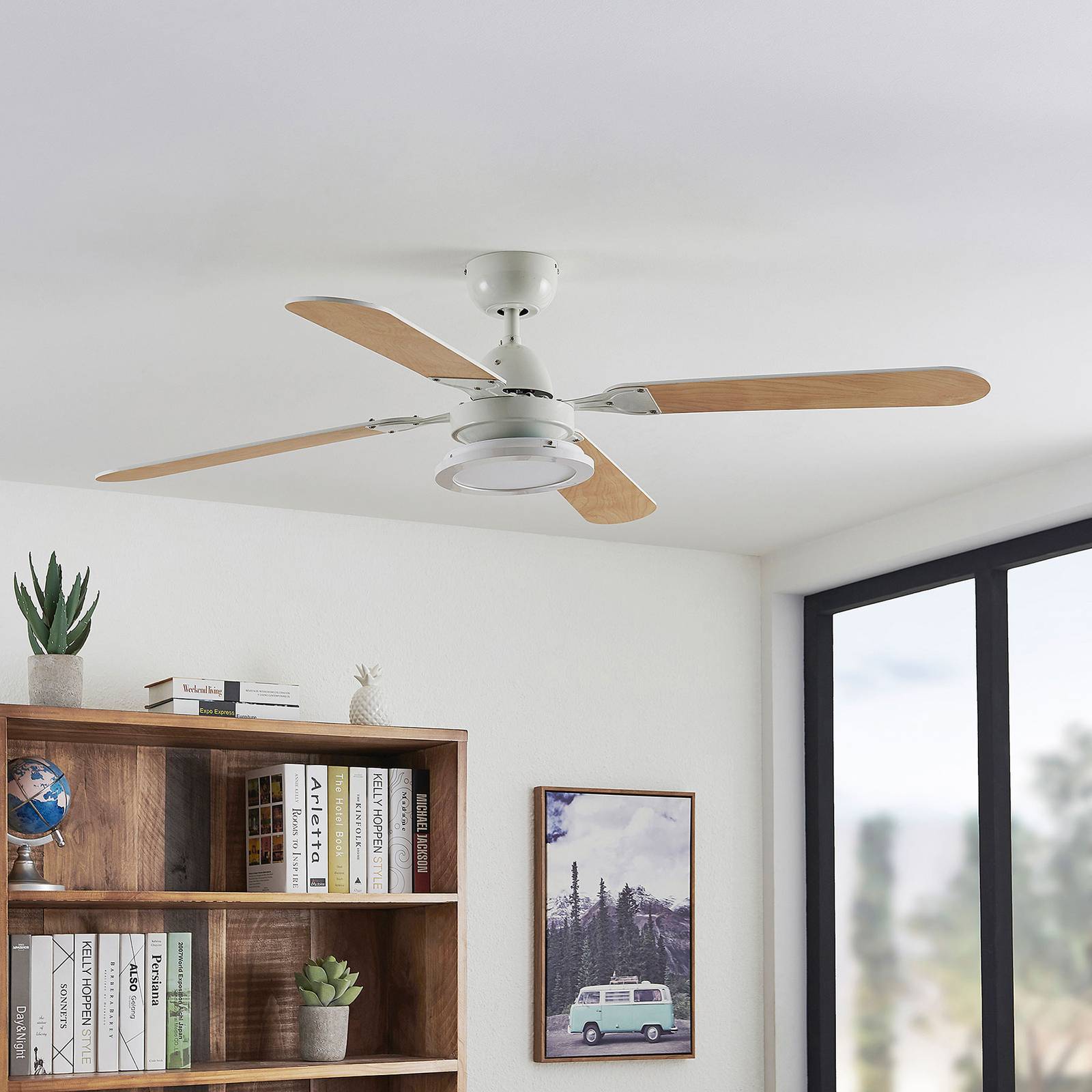 Ventilador de techo LED Lindby Tedric, blanco, silencioso, Ø 133 cm Tedric, Blanco / Ópalo, Salón / Comedor, Metal, Vintage