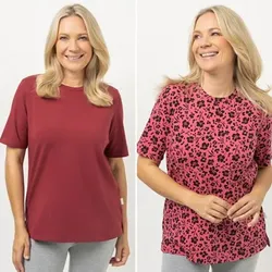 NACHTIGALL Homewear 2 Damen-Shirts 1x uni & 1x bedruckt Baumwoll Jersey Rundhalsausschnitt