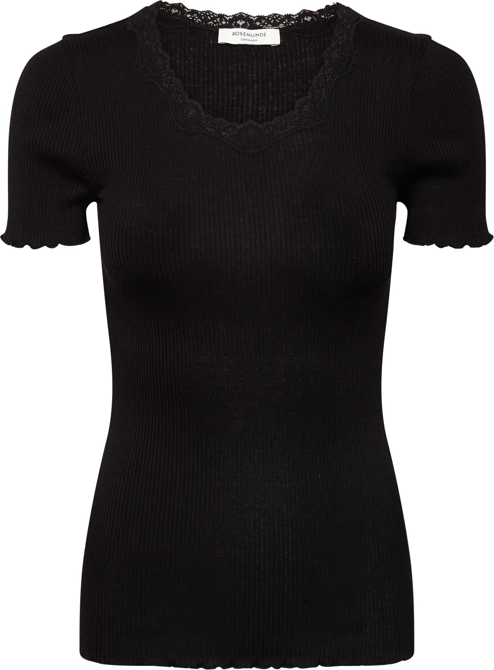 Spitzenshirt ROSEMUNDE "Beatha lace t-shirt mit Seide mit Seide", Damen, Gr. S, schwarz, Feinstrick, Obermaterial: 55% Seide, 45% Baumwolle, unifarben, eng hüftbedeckend, Rundhals, gewellter Abschluss, Shirts Spitzenshirt, wunderschönes Halbarmshirt mit e