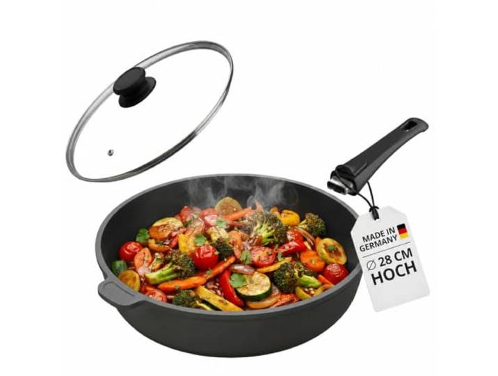 Lieblingspfanne Bratpfanne 28 cm Ø - hoher Rand 7 cm - Für alle Herdarten & Induktion - mit Glasdeckel & 4D Antihaft-Veredelung - für krosses Anbraten & Röstaromen - 100 Tage testen - inkl. E-Book