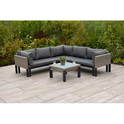Garten-Essgruppe MERXX "Amantea", beige (steinbeige, grau, grafit, natur), Polyester, ausziehbar, Aluminium, Kunststoff, Polyester, Sitzmöbel-Sets, Eckbank, inkl. Sitz-und Rückenkissen, 2 Tische