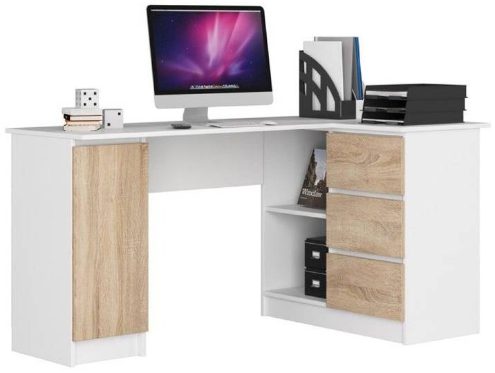 Grand bureau d'angle AKORD droit B20 Blanc 155 cm 1 porte 3 tiroirs façade Chêne Sonoma 4 étagères 155x85x77 cm