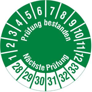 Böttcher-AG Prüfplaketten Prüfung bestanden, Nächste Prüfung, 2028-2033, grün, Ø 30 mm, 1.000 Stück