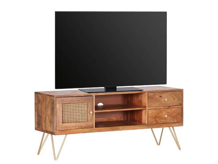 TV-Lowboard Front: Rattan / Massivholz Mango, gebeizt & lackiert Korpus: Massivholz Mango, gebeizt & lackiert Griffe & Füße: Metall, lackiert