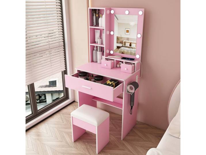 Coiffeuse Rose En MDF Avec Miroir LED 3 Modes Coiffeuse Chambre FloraGrace Pour Chambre Avec Rangement 60x38x131 5cm