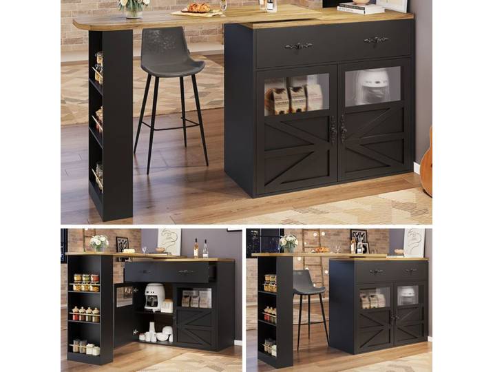 Buffet de cuisine extensible - SOGEU - 138-204x39x104 cm - Rotatif 360° - Portes acryliques - Tiroir et étagères réglables