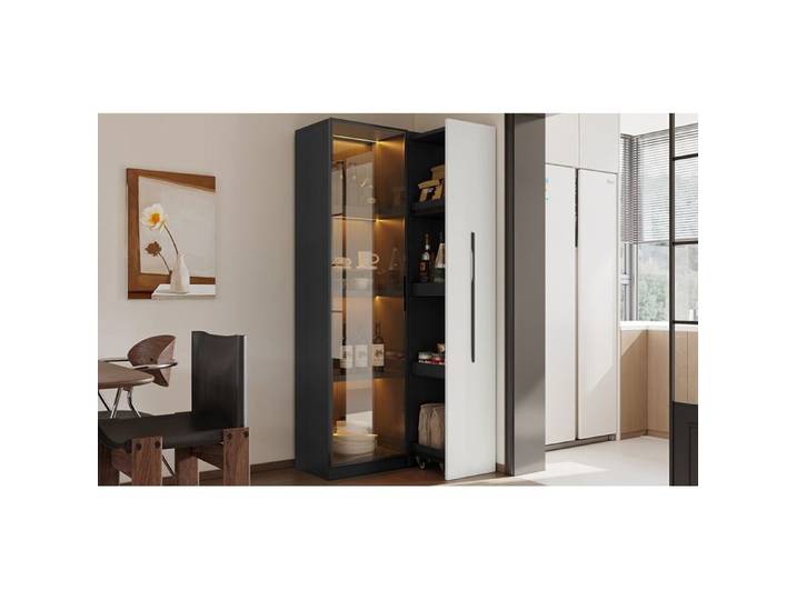 Vitrine multifonction 70 x 40 x 160 cm avec LED porte en verre trempé rangement latéral coulissant noir et blanc