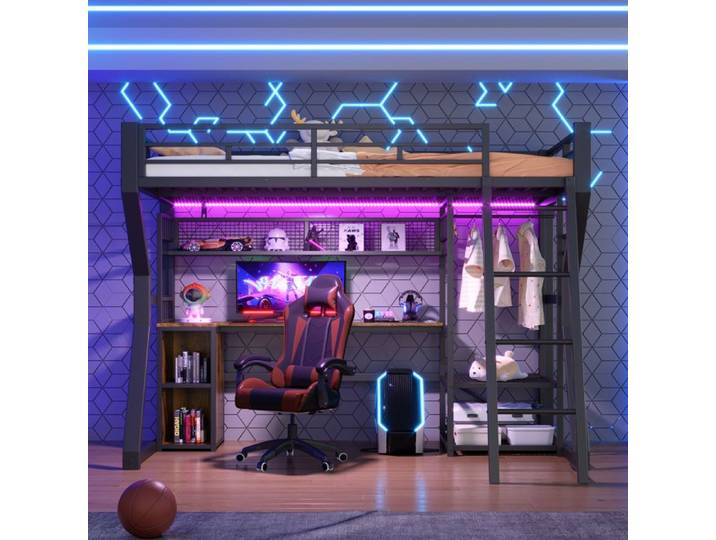 Bladez - Lit mezzanine 90x200 cm lit en fer lit simple avec LED prise penderie bureau et étagères métal - noir
