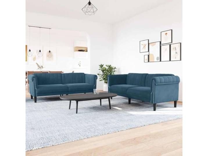 HEFZGDB 2-TLG. Sofagarnitur Blau Samt Modernes Design mit weichem Samtstoff, stabile Stützbeine und dick gepolsterte Sitzflächen, ideal für Entspannung