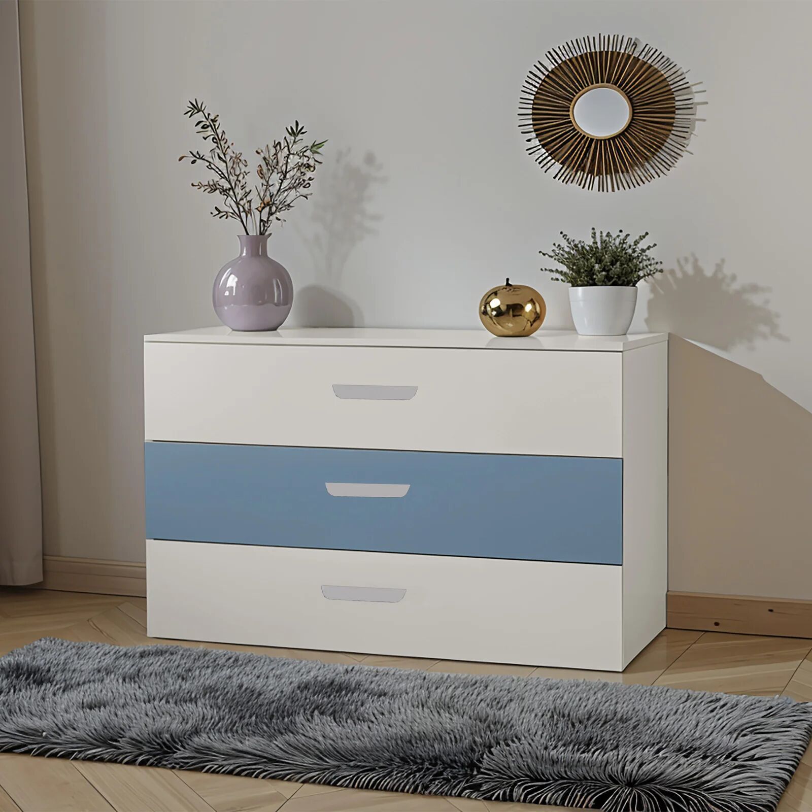 garneroarredamenti Cassettiera cameretta 80x73h cm 3 cassetti cashmere azzurro Colorful