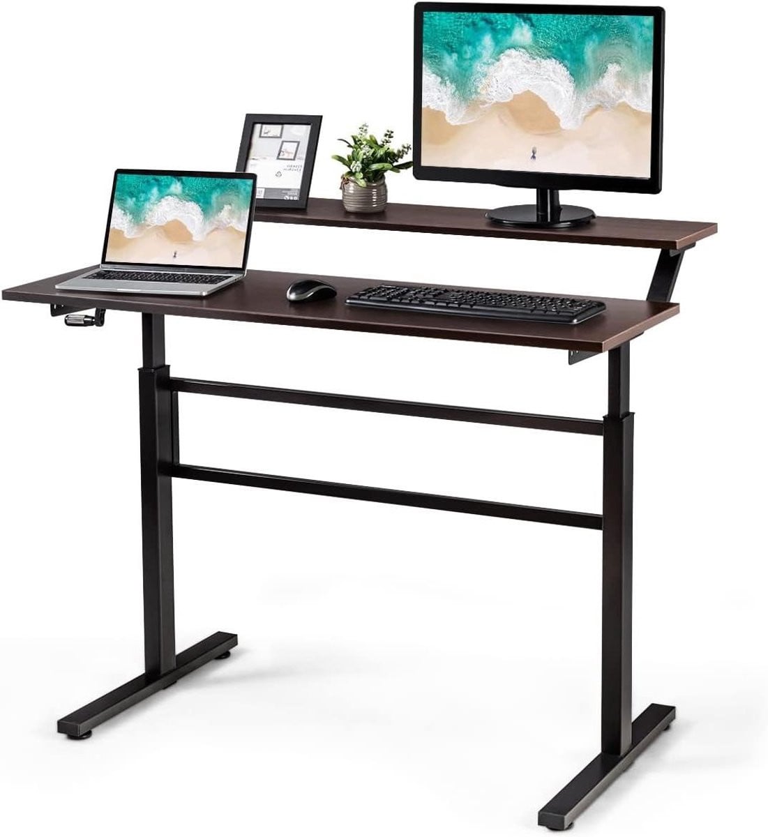 Verstelbaar Zit-Sta Bureau Converter met Dubbele Werklaag - Bruin - Hoogte: 75-113 cm