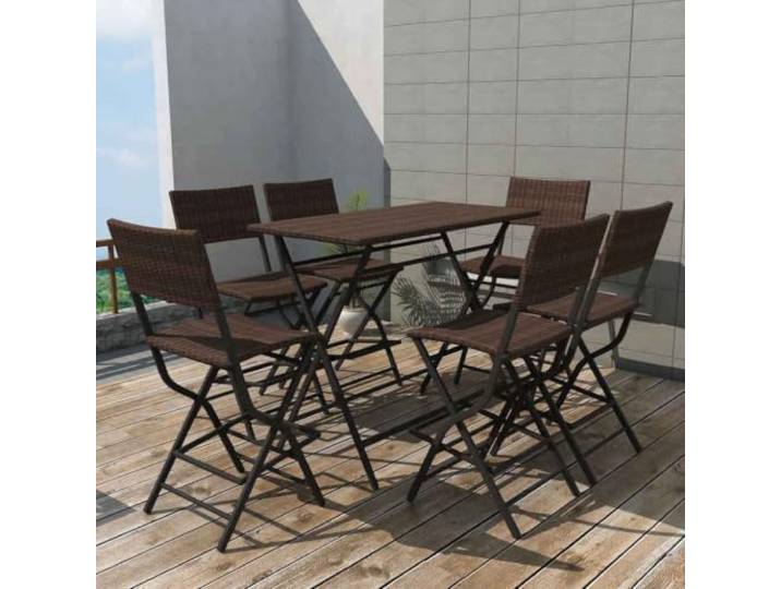 WDGJJFECNMUEHI Wetterfestes PE Rattan klappbar 7 TLG. Braun 7-tlg. Garten-Essgruppe Klappbar Stahl Poly Rattan Braun Balkon Terrasse Wetterfest Barhocker Set