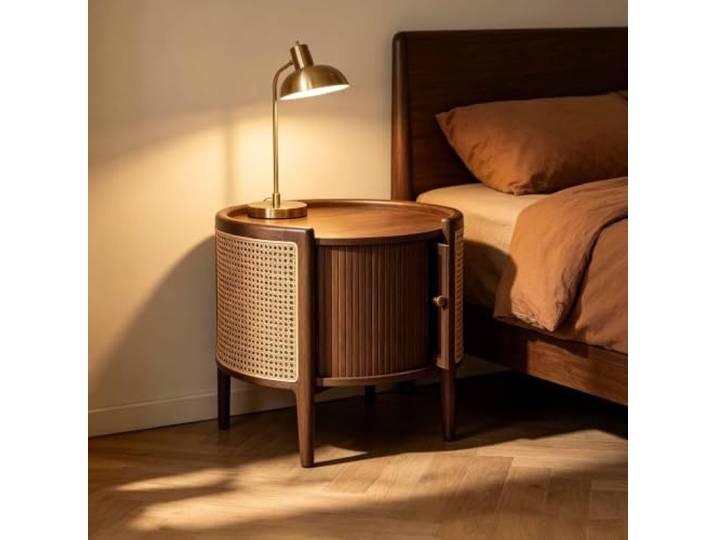 KAFHGEIN Runder Beistelltisch aus Massivholz mit Geschwungenem Schrank Moderner runder Beistelltisch aus Massivholz mit geschwungenem Schrank und Schiebedesign für Wohnzimmer, Schlafzimmer