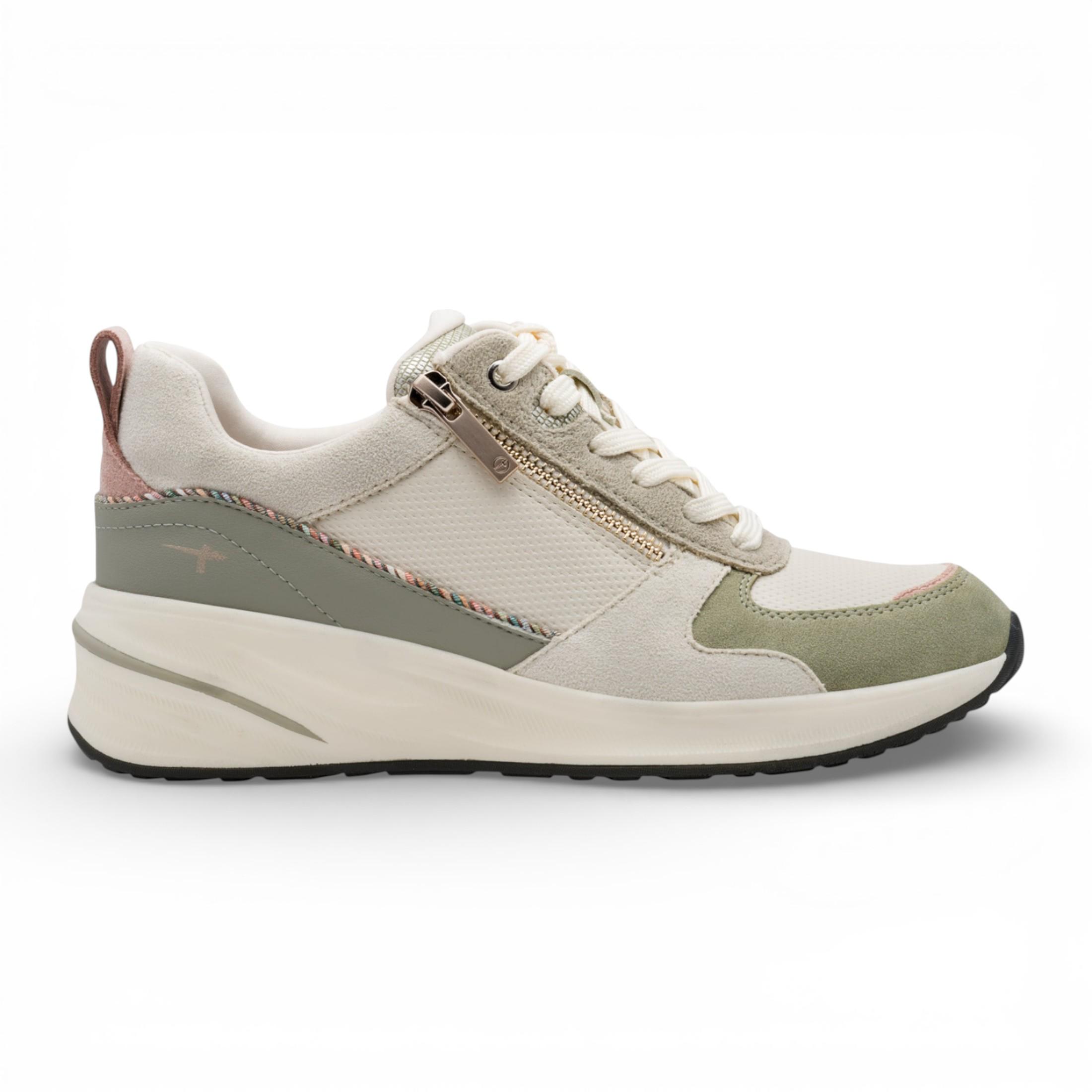 Tamaris Damen-Sneaker, weiß-grün, mit Plateau, Reißverschluss und Schnürung