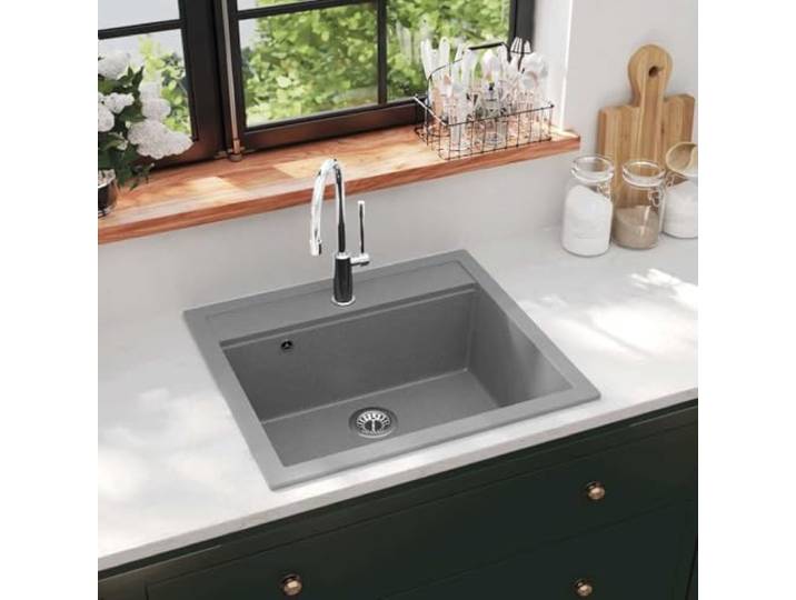 KFPOERTFGD Granitspüle Einzelbecken Grau, 565x510mm Einbauspüle Quarz-Harz Extra tiefes Becken, Hitzebeständig bis 280 C, Kratzfest, Inkl. Siebkörbchen