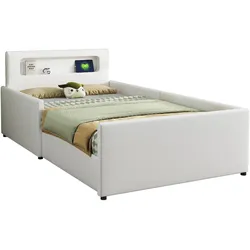 Polsterbett 90x200 mit Nachtlicht, USB-Anschluss, Kunstlederbezug, Schubladen für Stauraum, stilvolles Design in Weiß,ideal für Sicherheit und Komfort