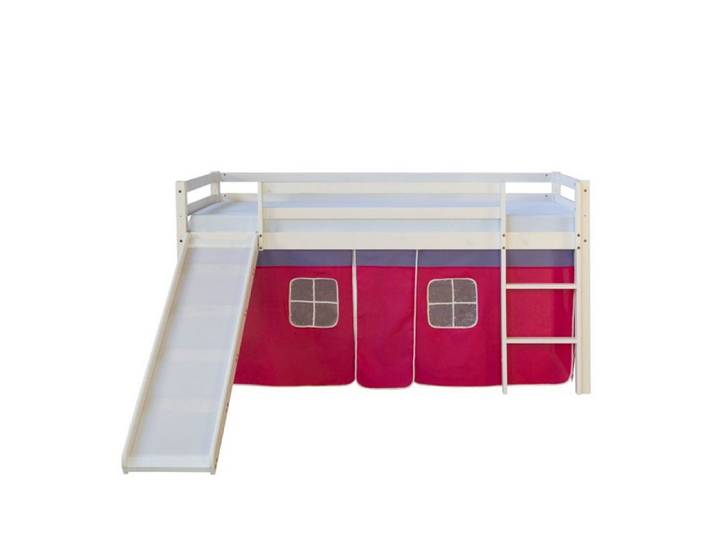 Lit mi-hauteur enfant - HOMESTYLE4U - 1466 - toboggan - rideau rouge - couchage 90x200