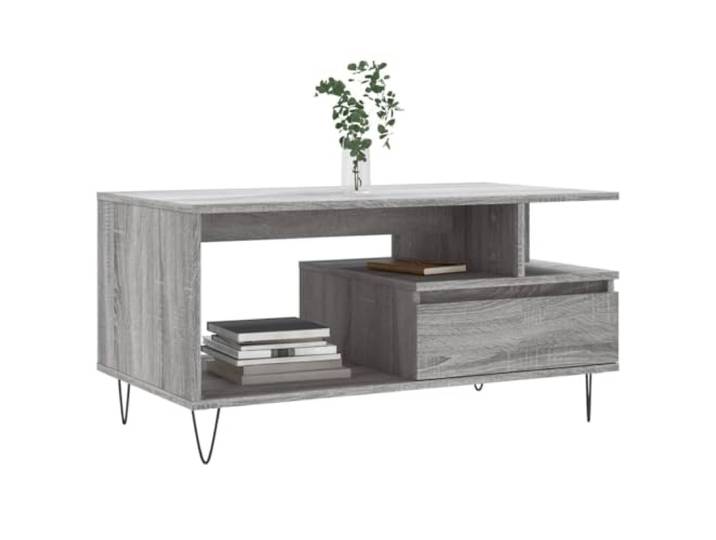 KTHLBRH Couchtisch Grau Sonoma 90 x 49 x 45 cm Mehrschichtiges Holz, Beine aus Metall, mit Schublade, leicht zu reinigen, stabil