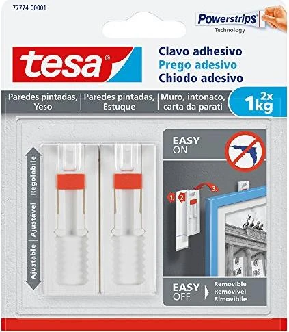 Tesa Klebenagel, 2 Stück, für Tapeten und Putz, bis zu 1kg pro Nagel, weiß