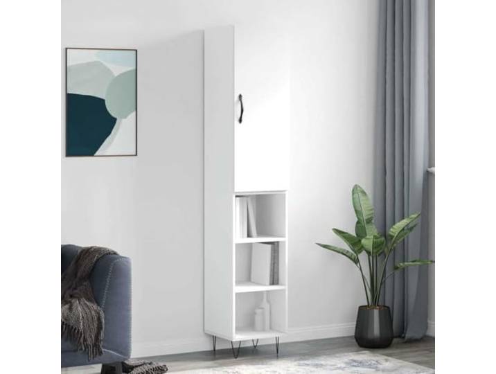 Modernes Highboard mit Metallfüßen in Weiß, Elegantes Highboard für die Einrichtung aus Holzwerkstoff, Stilvolles mit Stauraum 34,5x34x180 cm, Weißes aus Holzwerkstoff mit Türen