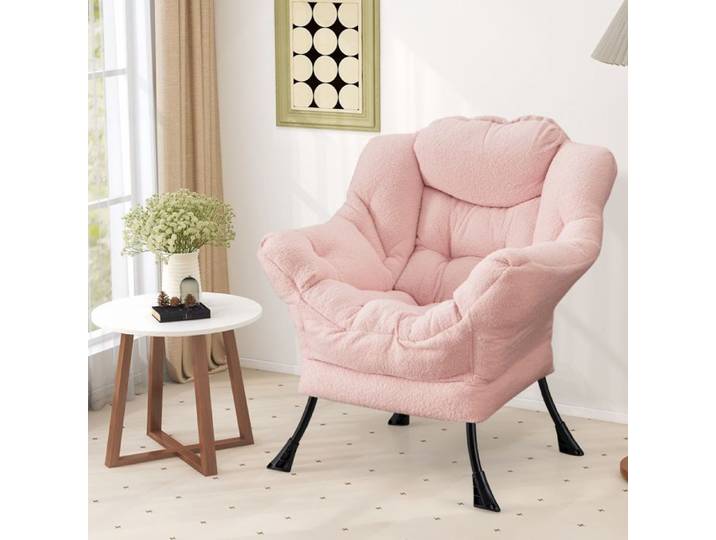 GIANTEX Fauteuil Relax avec Oreiller+ Poche Latérale- Fauteuil Rembourré Moderne- Cadre en Fer- pour Salon/Bureau/Chambre- Rosé