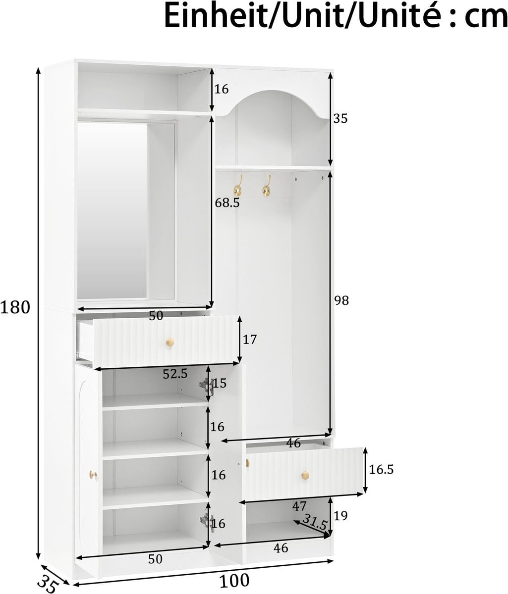 Wit halmeubel met spiegel, zitbank, schoenenkast en LED-verlichting
