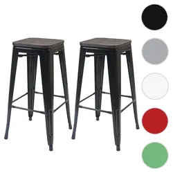 2er-Set Barhocker HWC-A73 inkl. Holz-Sitzfläche, Barstuhl Tresenhocker, Metall Industriedesign stapelbar ~ schwarz