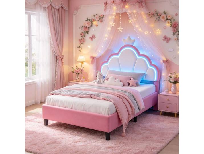 Lit 90x190 Princesse avec LED et Tête de Lit Rembourré Réglable - Lit Princesse Design Couronne- Lit Enfant fille Velours Rose