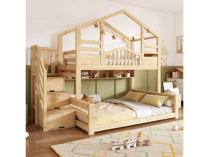 Lit Superposé Enfant Cabane 90x200 Et 40x200 Cm Escalier Avec Rangements\, 3 Étagères\, Enfant 2 Places\, Certifié En 747\, Naturel