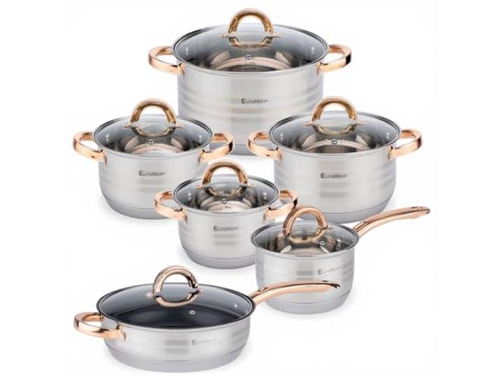 EliteHoff Topfset Induktion, Kochtopf Set mit Glasdeckel, 7-lagiger Edelstahl Topf- & Pfannensets mit Deckel, Griffe in Gold, Kochgeschirr Set für alle Herdarten (12-teilig Gold)