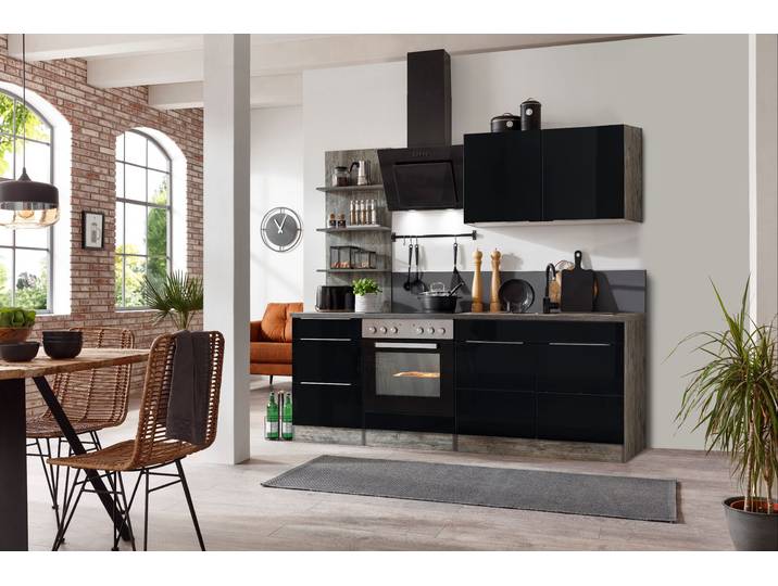 Küchenzeile, Eiche Vintage & Schwarz Hochglanz, 210×60 cm, Mit E-Geräten, Vintage, KS-Brindisi