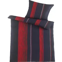 KH-Haushaltshandel 2-tlg. Seersucker Bettwäsche 135x200 +80x80cm, schwarz rot, Streifen, bügelfrei
