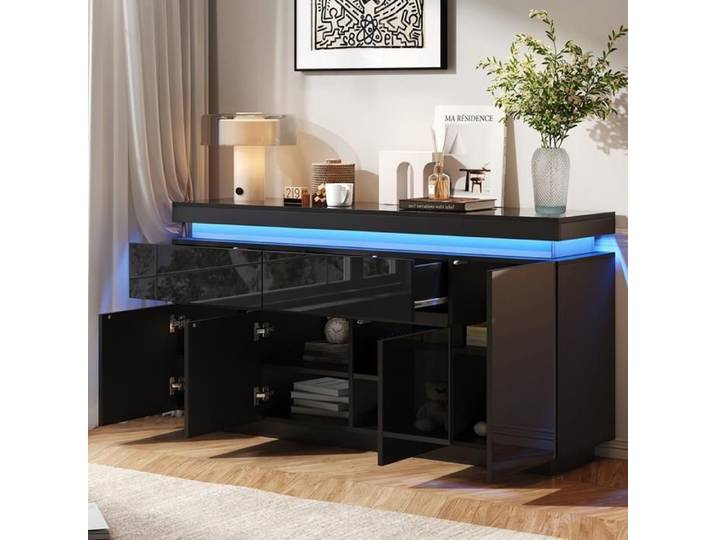 Enfilade 140cm Noir brillant LED USB Buffet salon moderne 4 portes Meuble de rangement Norevia