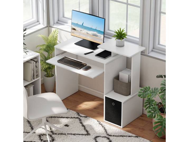 Bureau informatique table de travail pour ordinateur grand espace de rangement avec clavier tablette et compartiment blanc