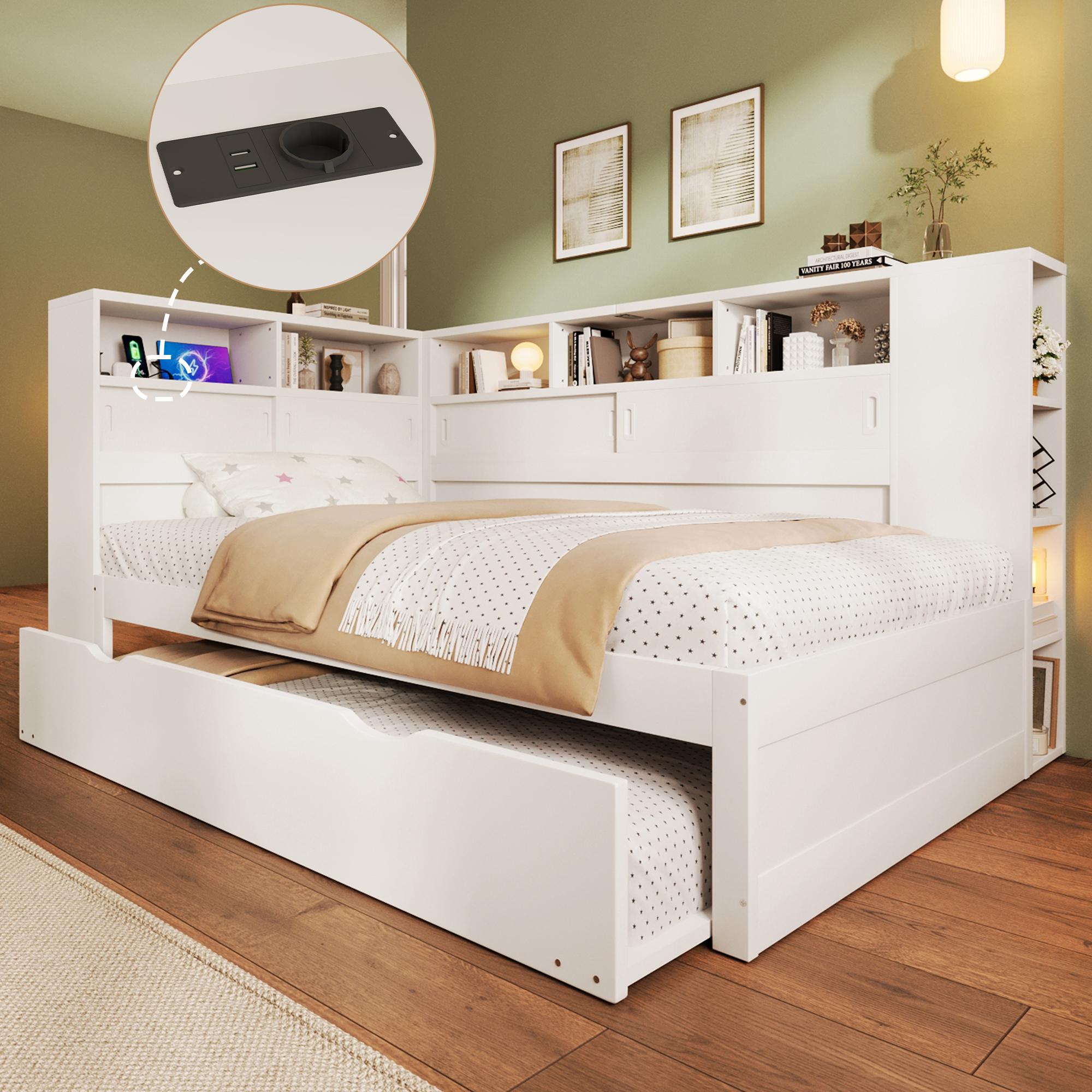 Daybett, 90x200cm(90x190cm), Kinderbett, ohne Matratze, Tagesbett mit Ausziehbett, Schlafsofa mit Staufach mit USB, Weiß