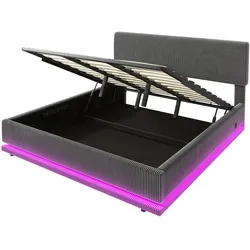 MODFU Polsterbett Cord Dunkelgrau 180x200 cm, LED-Beleuchtung, USB-C, höhenverstellbares Kopfteil
