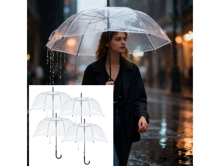 4er-Set Regenschirm mit Automatiköffnung, transparent, Ø 85 cm
