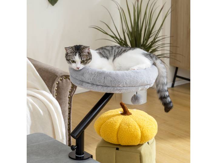 PawHut Lit de Bureau Chat 360° Rotatif Hauteur Réglable Gris
