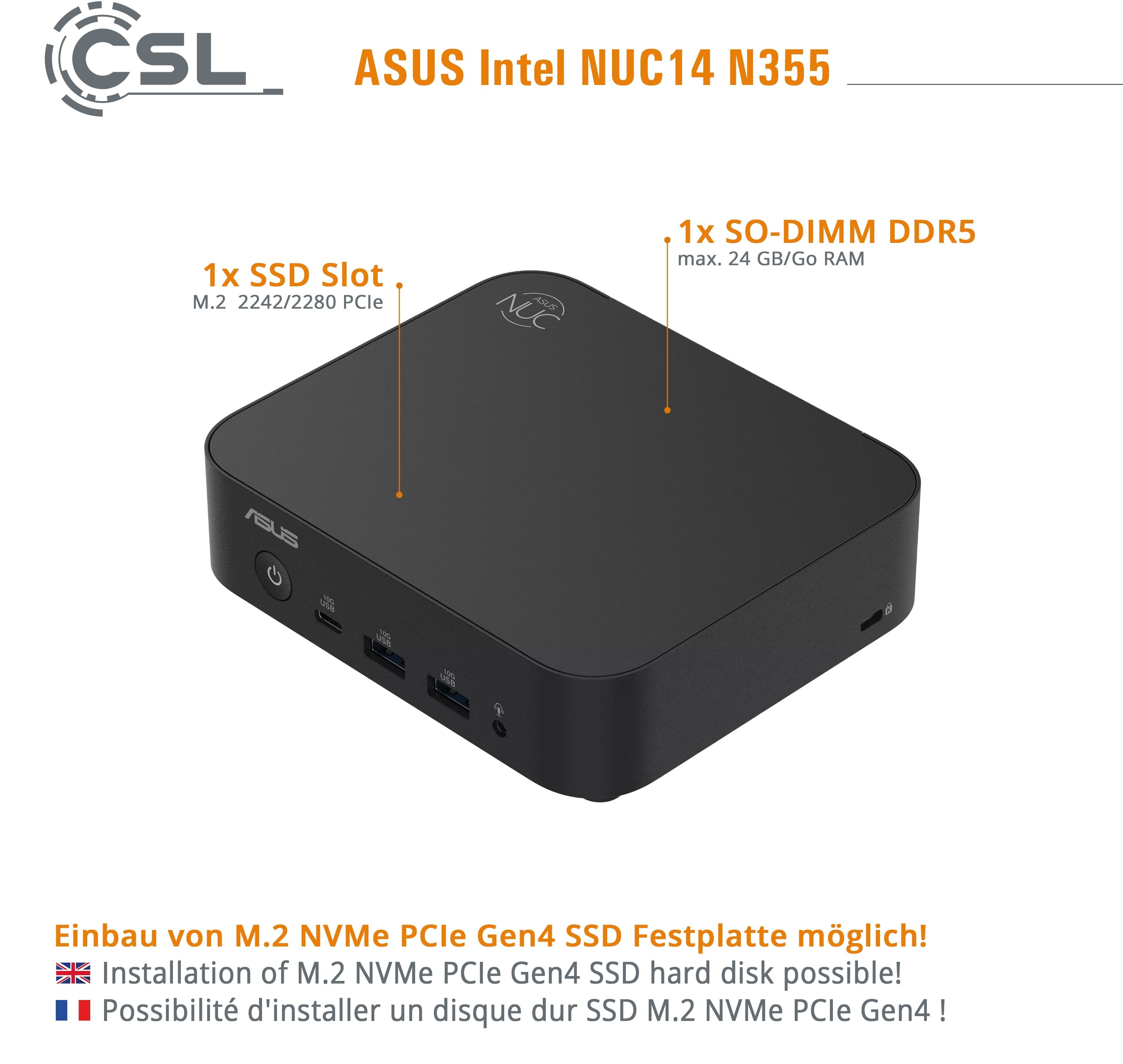 CSL PC "ASUS NUC14 N355", schwarz, Microsoft Windows 11 Home (64 Bit), Onboard Graphics, 8 GB RAM 4.000 GB SSD, Desktop-PCs, PC