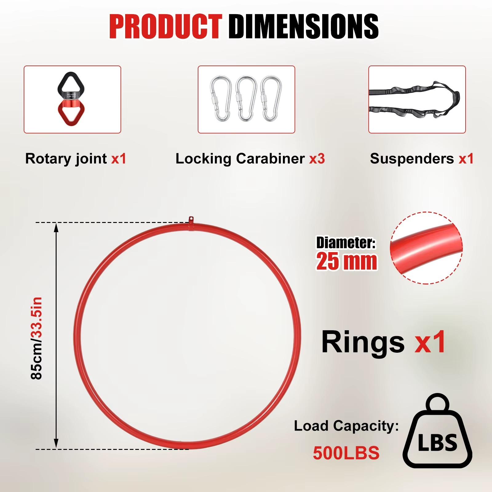 Aerial-Hoop-Set - Lyra-Ring - 85 cm Durchmesser - 25-mm-Rohr - Edelstahl - Einpunktaufhängung - Tragetasche und Rigging-Zubehör