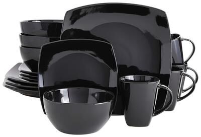 Gibson Elite Soho Lounge 16pc Square Stoneware Dinnerware Set in Black