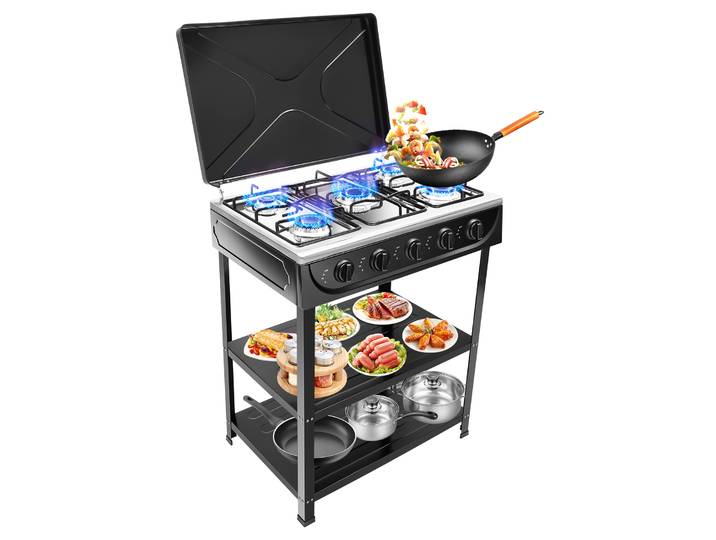 Réchaud à gaz naturel avec 5 brûleurs, réchaud de camping extérieur, brûleur de 2,5 kW pour cuisiner, faire sauter et faire bouillir, réchaud autonome