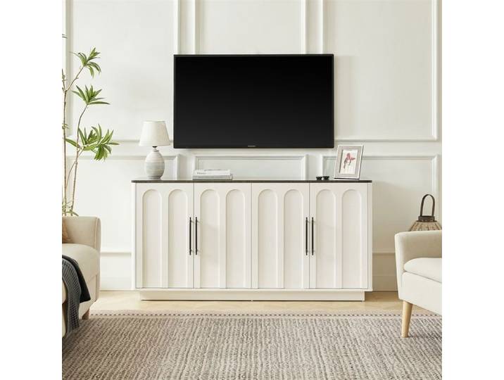 Sideboard - Buffet de Rangement - Buffet de cuisine 4 Portes Arcades Plateau Effet Marbre Noir - Blanc et Noir