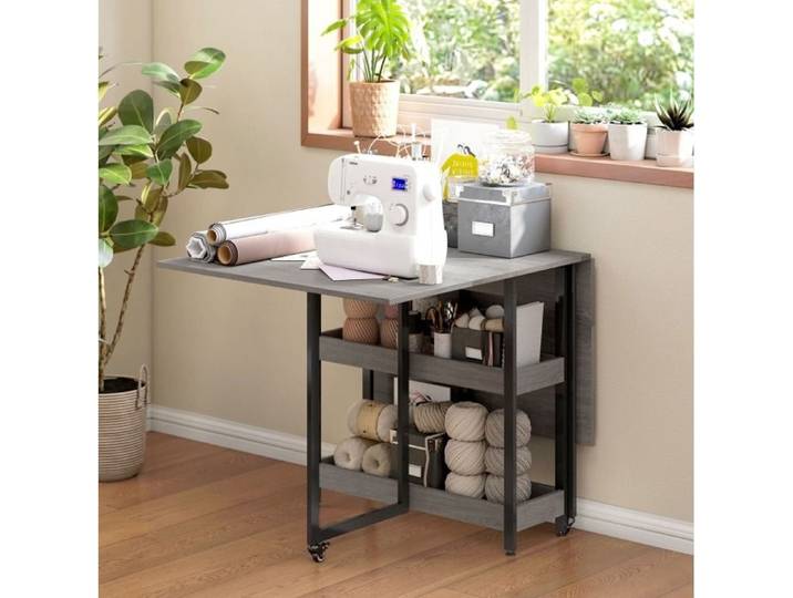 Table Pliante Gris 2 A 4 Personnes Table Rabattable FloraGrace Pour Cuisine 2 Etageres Ouvertes 133 4x80x75cm