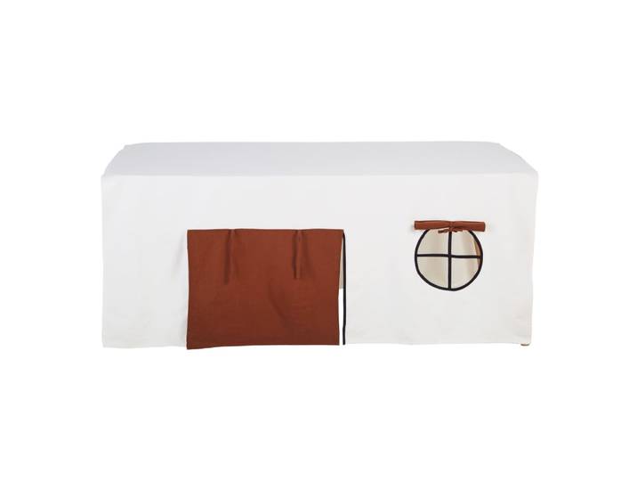 Häuschen-Tischdecke aus recycelter Baumwolle, weiß, braun und schwarz 180x245cm
