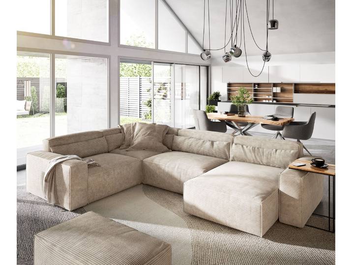 Wohnlandschaft Sirpio 300x210 cm Cord Beige Recamiere variabel mit Hocker, Wohnlandschaften